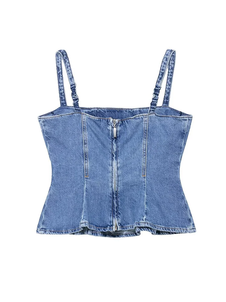 TFMLN 2025 New Women Casual Denim Sling Top Fashion Slash Neck Back Zipper Corset Female Vintage Wave-type Wide Pendulum Top