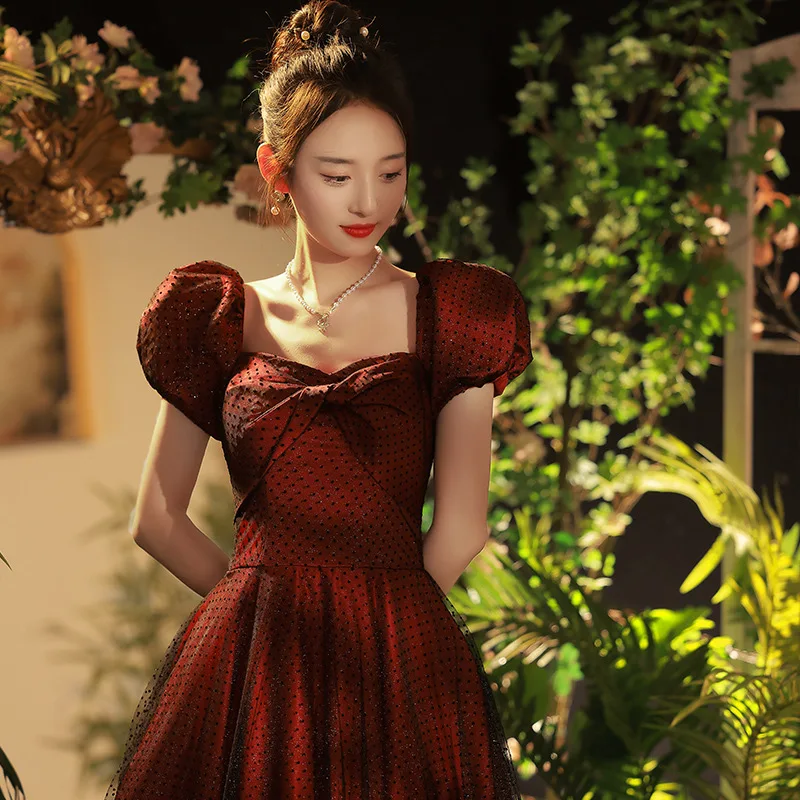 

Red Polka Dot Evening Dress Women V-Neck Bubble Sleeve Sequins Tulle Prom Gown French Elegant Pleated Cocktail Dresses