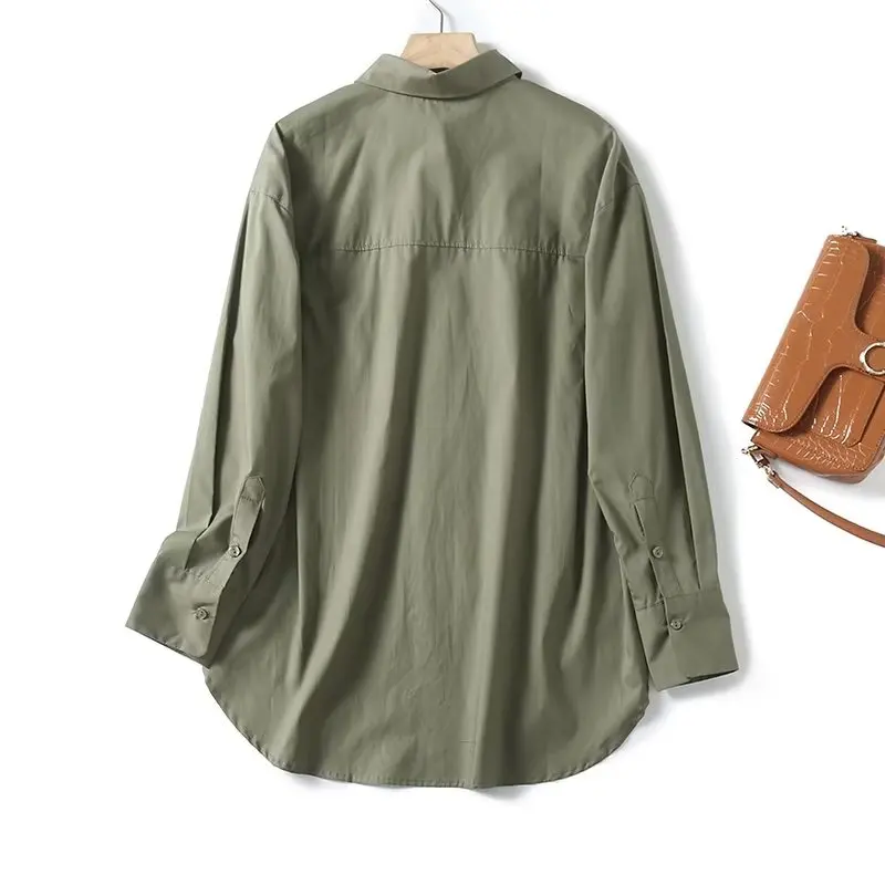 Maxdutti 2023 Autumn Long Sleeve French Country Blouse Women Tops Style Lazy Army Green Cotton Shirt Fashion Simple Commuting