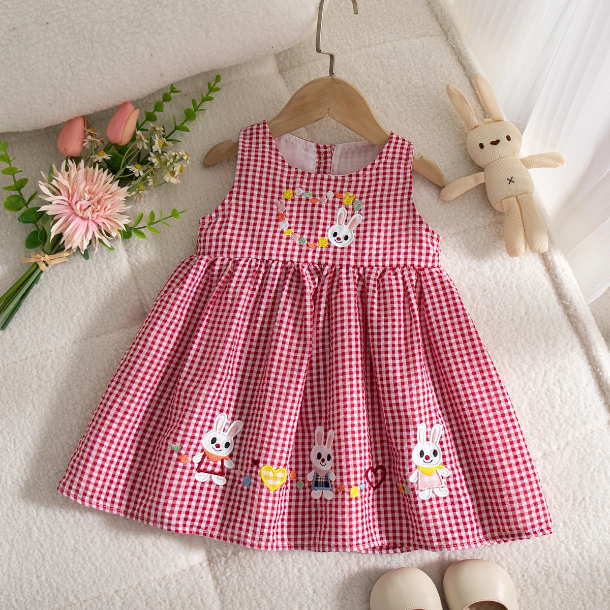 Cute Rabbit Baby Girl Dress Summer New Checkered Sleeveless Children'S ...