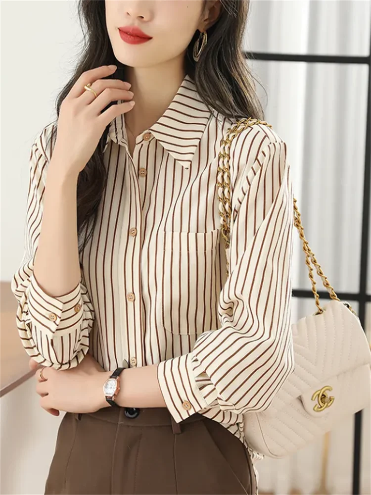 

Striped Women's Blouses khaki Shirts For Women Laple Long Sleeved Loose Tops Autumn Female Clothes Blouse Button Up Shirt Top