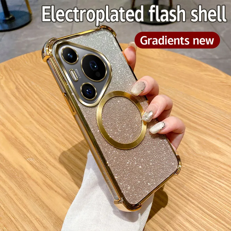 Coque de téléphone à anneau magnétique transparente antichoc pour Huawei Pura 70 Ultra P70 P60 P50 P40 P30 Pro Mate 60 50 40 Pro Plus Glitter Cover_voghion.com