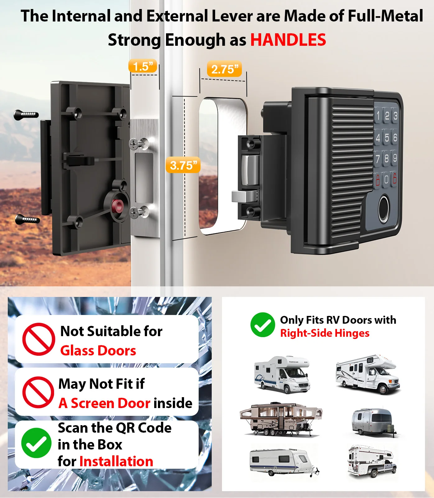 Smart RV Door Locks Keyless Entry Weatherproof Fits 3.75"x2.75" Fingerprint Remote Keypad, Full Metal Camper Trailer Replacement 2