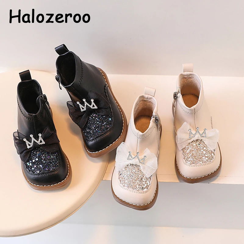 

Winter New Kids Fashion Boots Baby Girls Bow Leather Brand Shoes Toddler Black Princess Boots Children Bling Ankle Shoes Warm