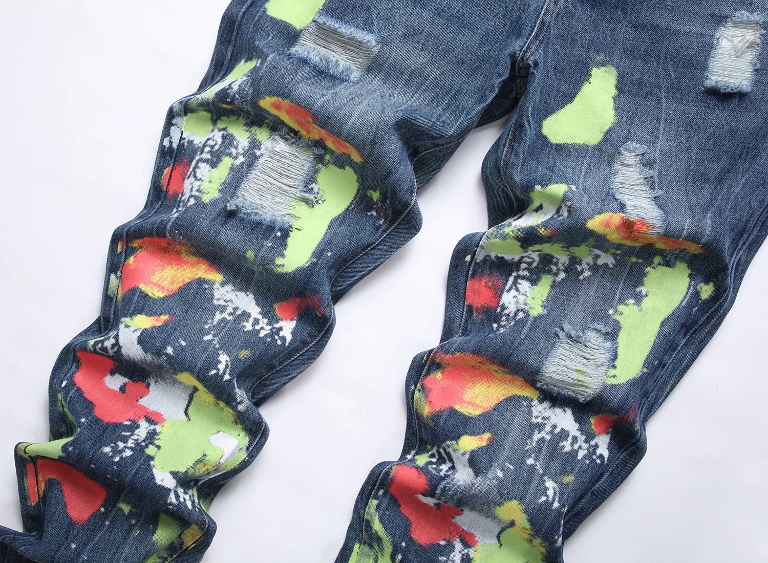 European and American hip hop style hole rewash water digital variety of color printed cotton small straight leg jeans men