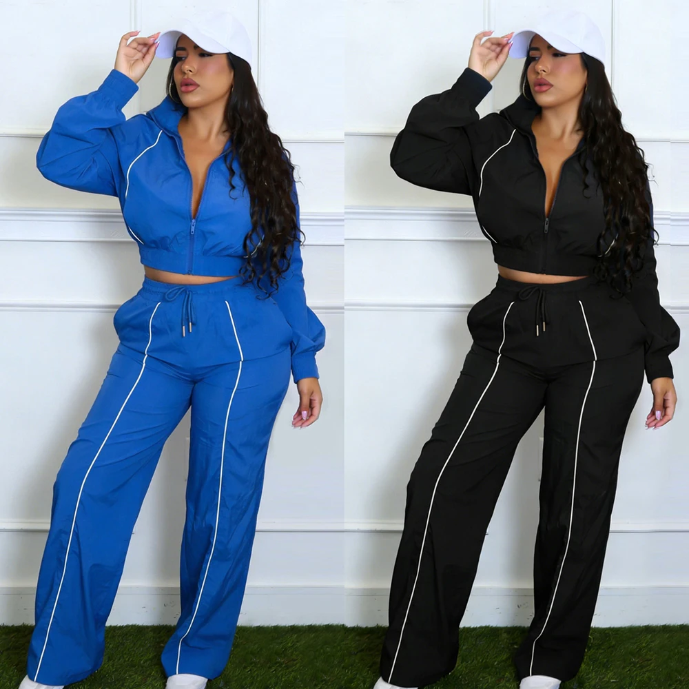 Ensemble de survêtement pour femmes avec passepoil contrastant, 2 pièces, comprenant une veste courte zippée et un pantalon de survêtement à jambes larges avec cordon de serrage, tenue décontractée et sportive assortie. 1