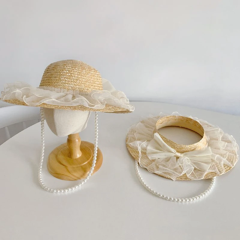 

Sweet Mesh Bowknot Pearl Straw Sunhat For Children Girls Summer Sunshade Cap Big Brim Beach Hat For Outdoor Sunscreen Hat