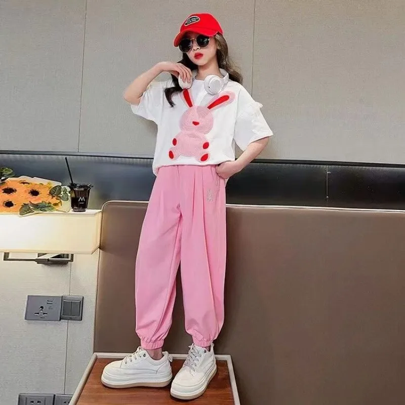 

New Teenage Girls Clothes Sets Summer Children Short Sleeve Cartoon T-shirts + Long Pants 2PCS Kids Clothing 6 8 10 12 14 Years