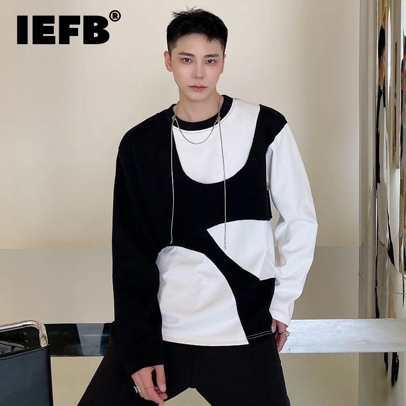 IEFB Sudadera cuello redondo de dos piezas para hombre, ropa deportiva masculina de corte holgado, con diseño de colores bloqueados, Jersey elegante de talla grande, para primavera, 2022|Sudaderas con capucha y