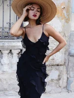 2024 Summer Fashion New Elegant Women's Sexy Chiffon Vacation Style Sling Dress with Ruffle Edge Style Long Dress - Image 5