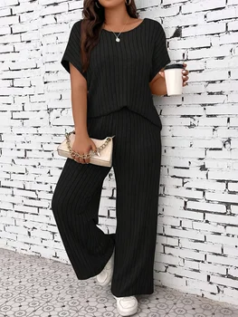 طقم ملابس كاجوال من قطعتين: بلوزة مخططة وبنطال واسع الساق 4