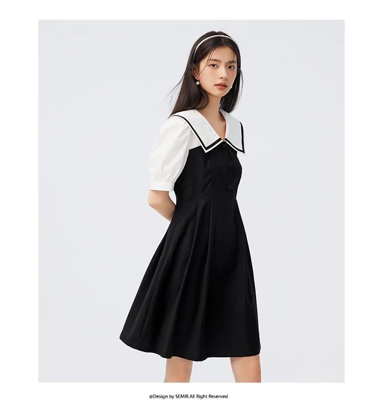 Dress Lapel College Style Short Skirt Playful Sweet Autumn Easy-to-Care Patchwork Little Black Dress