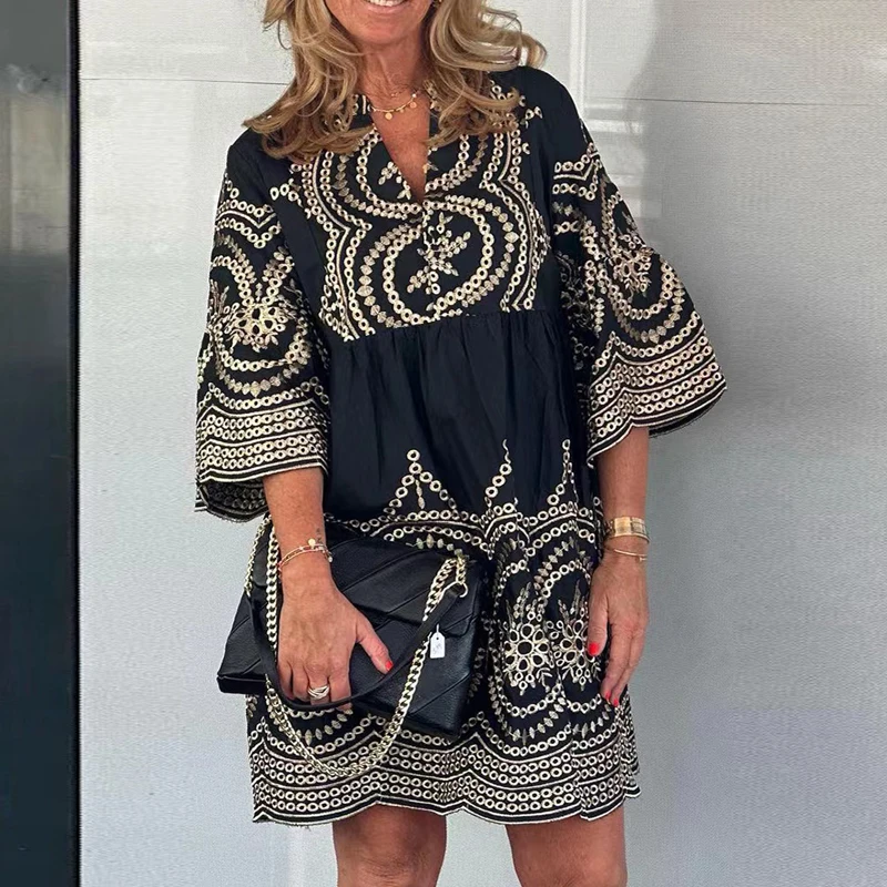 

2023 Vintage Pattern Print Pleated Bohemian Dress Women Casual Loose Commuter Dress New Fashion V-Neck Flare Sleeves Mini Dress