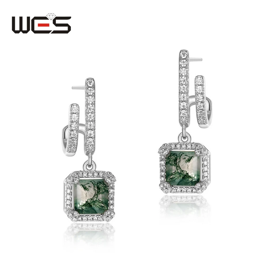 WES 925 Sterling Silver Geometric Natural 6*8mm Moss Agate Open Rings for Women Rhodium Plated Luxury Certified Jewelry Gifts