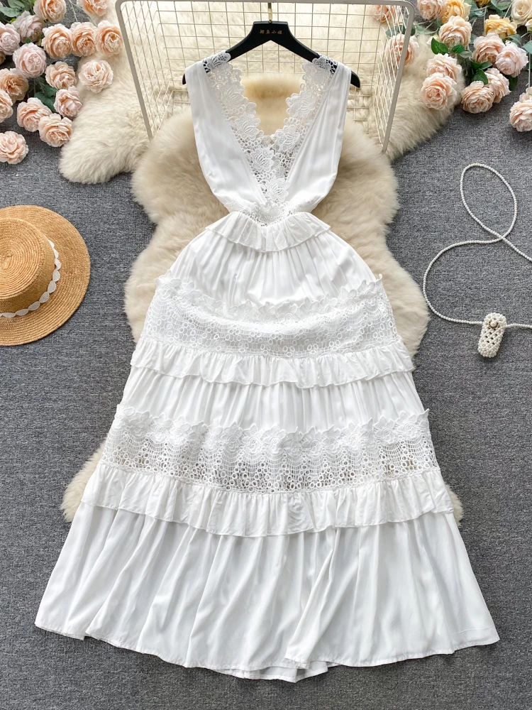 

Beach White Dress Women Design with Lace Lace Lace V-neck Slim Closure Slim Long Ruffled Sleeveless Vest Dress