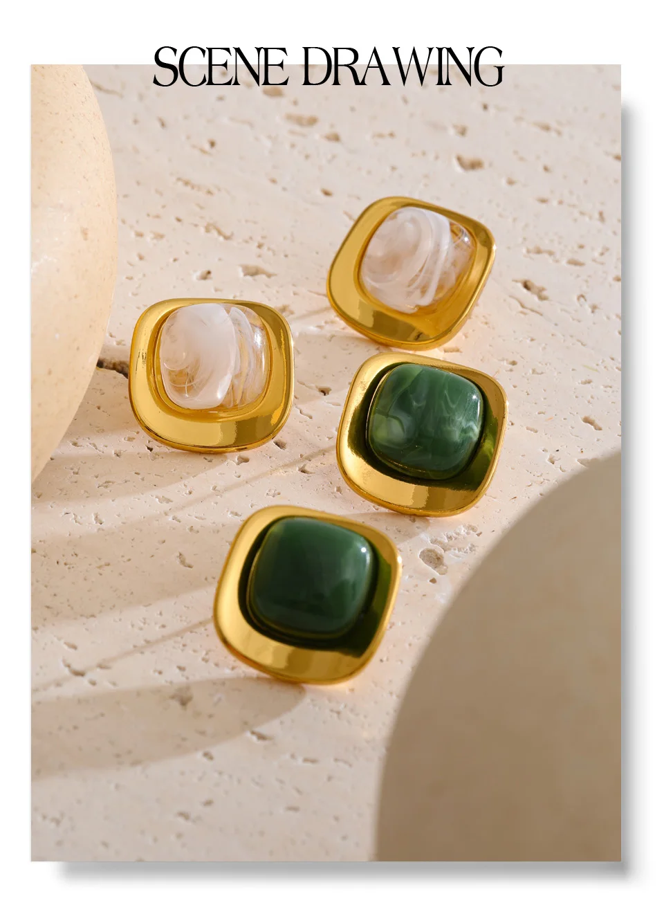 Yhpup White Green Resin Square Stud Earrings 18K Golden PVD Plated Stainless Steel Daily Wear Trending Jewelry Wholesale_voghion.com