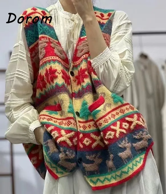 여성용 할로 크로셰 니트 조끼 & 비즈 플로럴 단추 크롭 카디건 & 탑 재킷 10 여성용 빈티지 크리스마스 프린트 니트 스웨터 조끼, 일본 모리 V넥 민소매 카디건, 루즈 캐주얼 니트웨어 탑, 가을