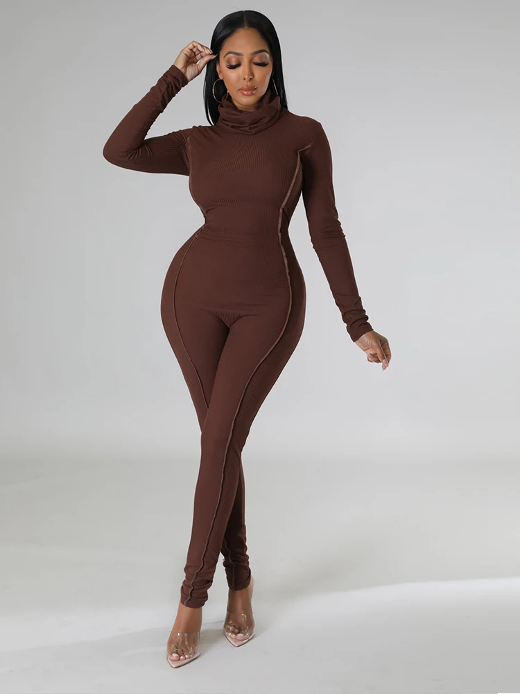 

Fall Winter Solid Fitness Rompers Womens Jumpsuit Stacked Turtleneck Long Sleeve Bodysuits Streetwear Elastic Ribbed Playsuits