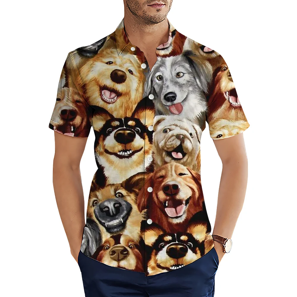 

HX Hawaii Shirts Fashion Cartoon Animals Dogs Smiling Art 3D Graphic Casual Shirts Summer Short Sleeve Tops Camisas S-5XL