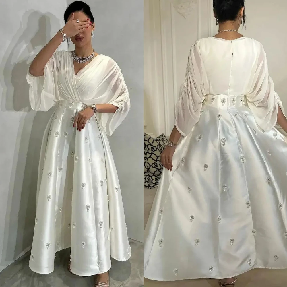 Evening Saudi Arabia Satin Beading Beach A-line V-neck Bespoke Occasion Gown Midi Dresses
