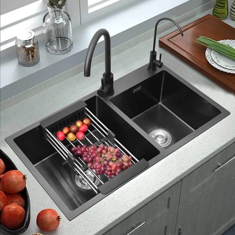 32" Black Double Bowl Kitchen Sink Stainless Steel Bar  Drop-In Kitchen Sink with Drain and Overflow 3