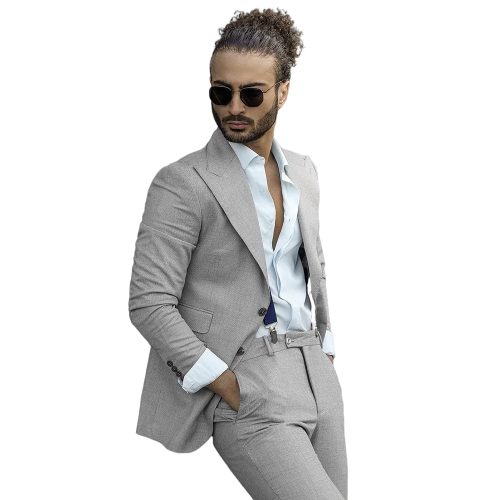 

New Light Grey Men Suits Summer Jacket Slim Fit 2 Pieces Closure Collar Classic Fit/Formal Business Outfits With Trousers Strap