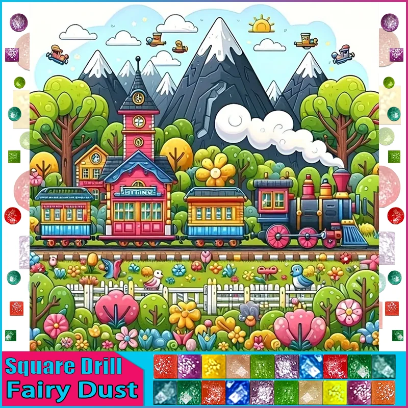 thumbnail image 1 of HOMFUN Fairy Dust AB - Bordado de diamantes completo "Paisaje con tren y montaña" Patrones de pintura de diamantes de imitación Decoración del hogar sin terminar, 1 of 5