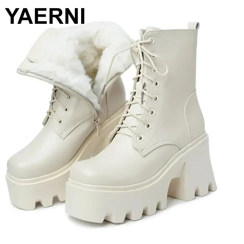

9cm Genuine Leather Winter Ankle Boots Motorcycle Autumn Cushioned Platform Wedge Winter Plush Spring Warm Women Shoes