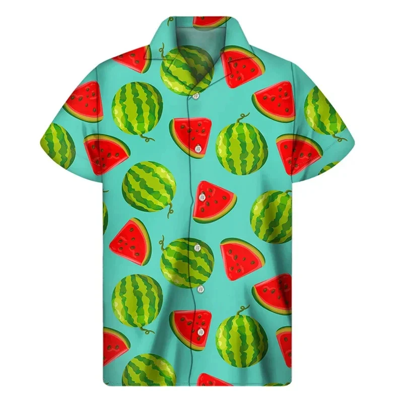 thumbnail image 1 of Camisa hawaiana con estampado de sandía tropical para hombre, camisas hawaianas con estampado de frutas en 3D, blusas de verano con botones y solapa de manga corta, 1 of 5