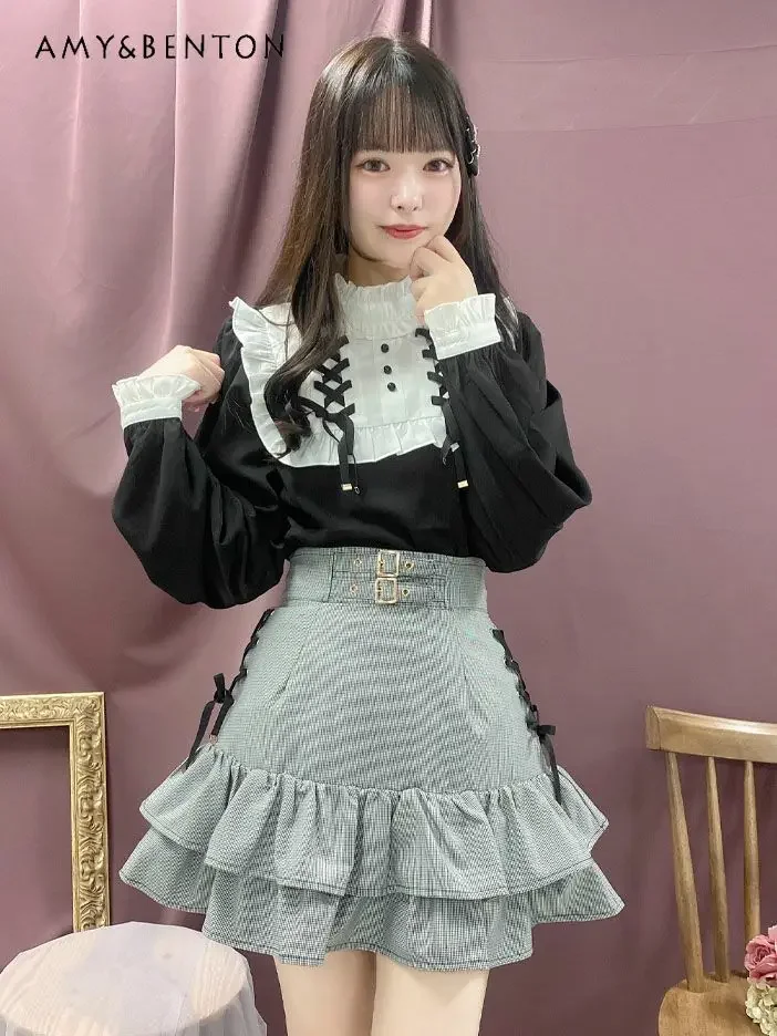 

Summer New Japanese Sweet Cute Lace-up Skirt Mine Solid Color Basic Commute A-Line Skirts Fashionable High Waist Slim Mini Skirt