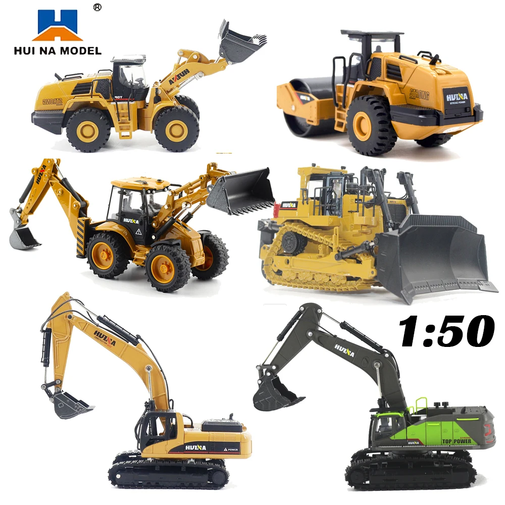 3PCS Huina 1:50 Diecasts Alloy Simulation Backhoe Loader Excavator Truck Bulldozer Vehicle Car Toys Diecast Model Collectables huina 1722 1 50 alloy diecasts