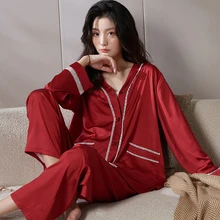 

Luxury Women's Ice Silk Satin Sleep Pajamas Spring Autumn Lace Splicing Pijama Home Cothes Suit For Women Breathable Pajamas Set