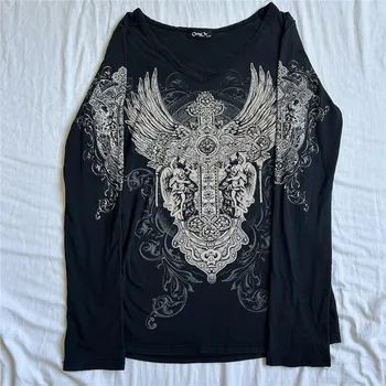 2000s Y2K Cyber Grunge Vintage T-shirt Graphic Print O Neck Long Sleeve Tee Women Slim Fit Crop Tops EGirl Skater Emo Streetwear 1