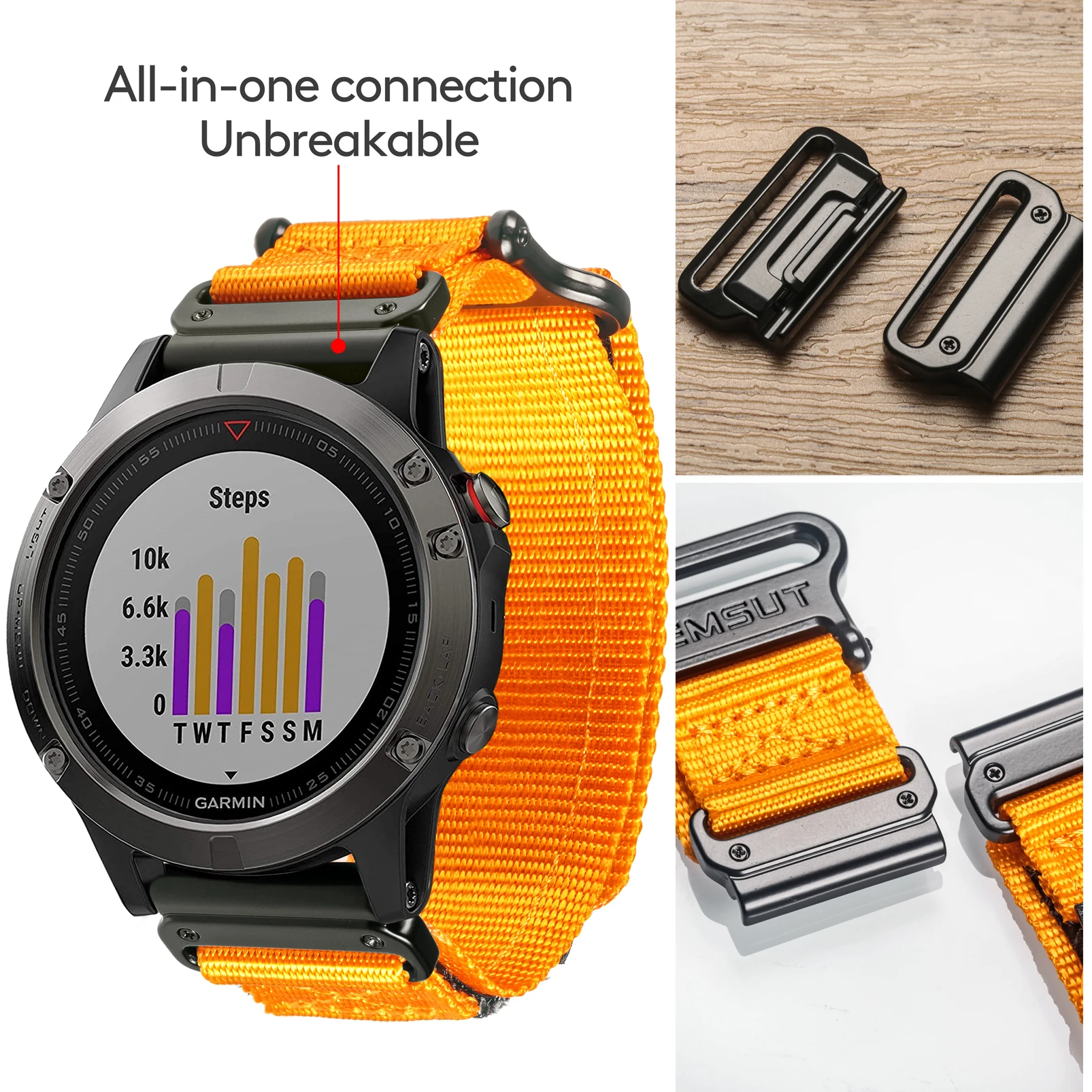 Easyfit Orange Garmin Watch Band Super Rugged Nylon Strap Woven