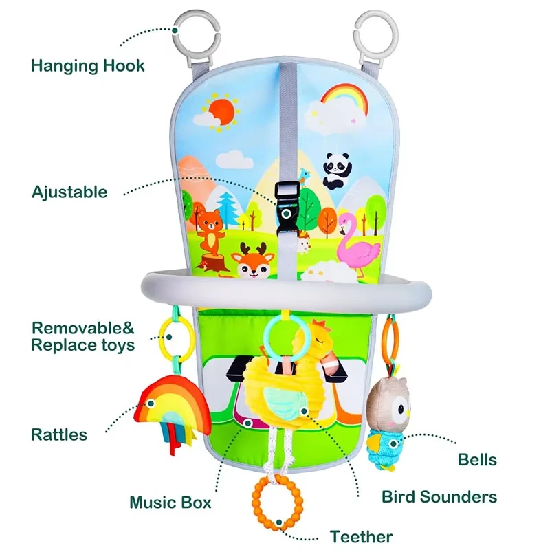 Car Seat Toy for Infant Rear Car Seat Hanging Toy Kick Play Center Activity Arch with Music Mirror Rattle Toys for Baby
