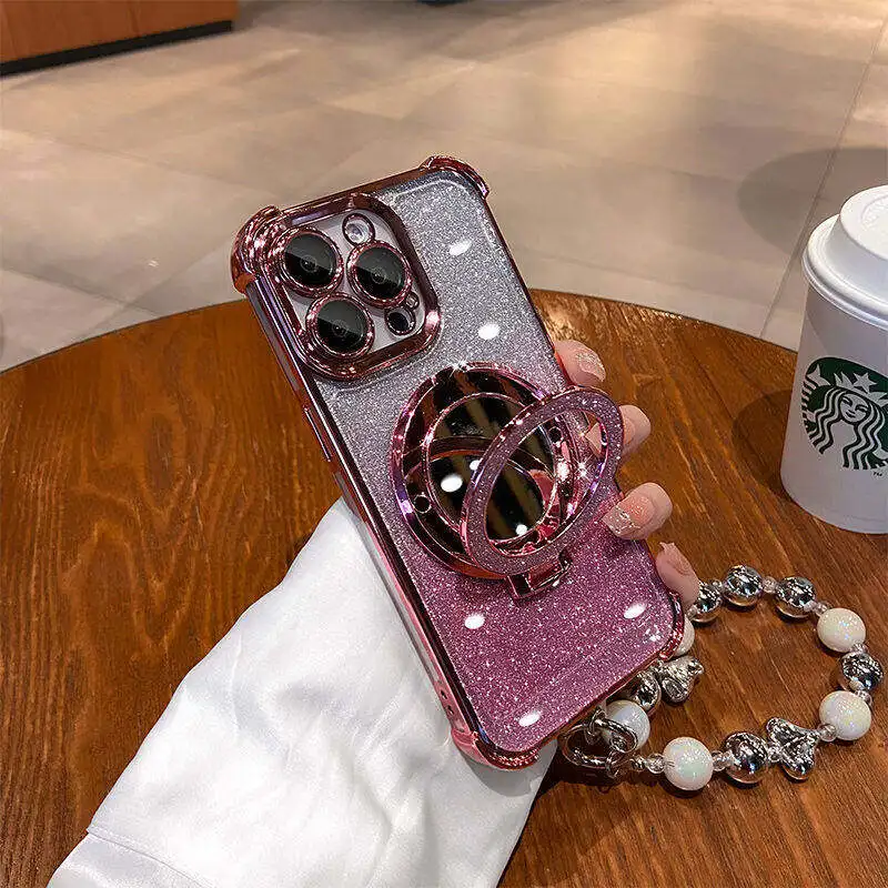 Glitter Make Up Case with Magsafe Holder and Pearl Chain Design