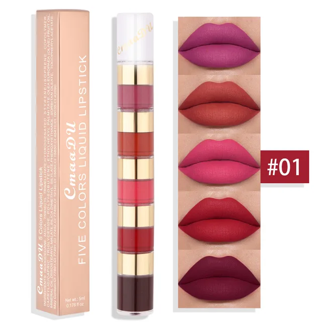 Matte Lipstick 5-in-1 Lipstick Set Highly Pigmented Waterproof Lasting Combination Lip Gloss Makeup Non-Stick Liquid Lipstick