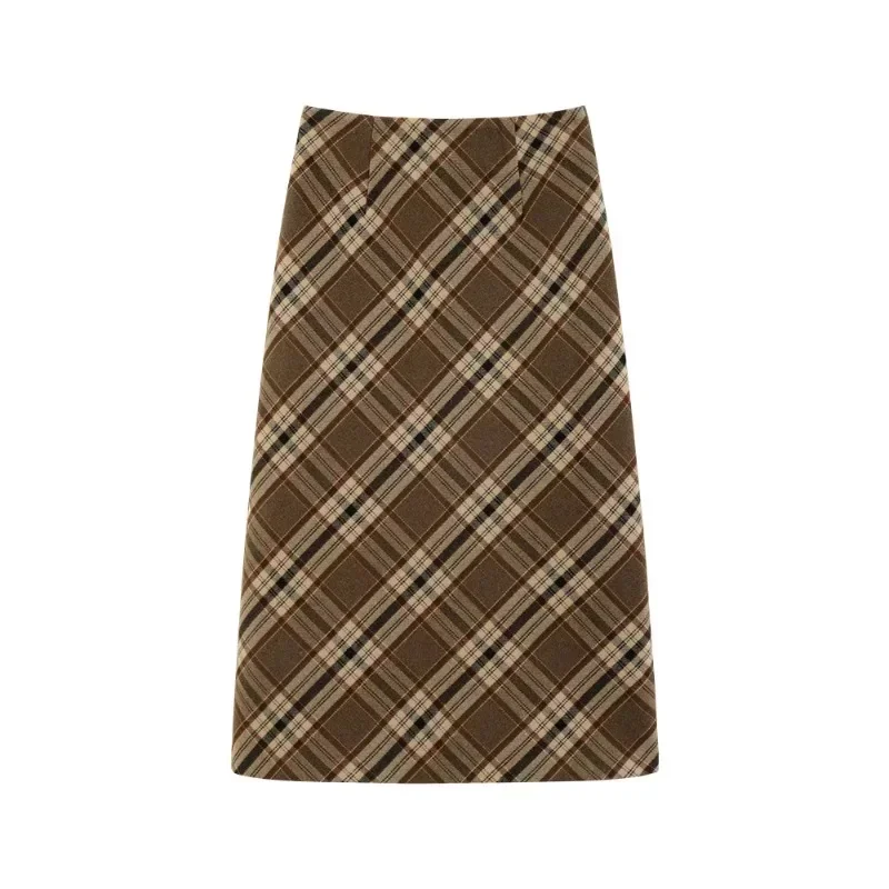 Autumn Winter Women Plaid Wool-Like Skirt High-Waisted Slim Fit Retro American Style Pencil Midi Skirt Elegant and Chic Bottom 6