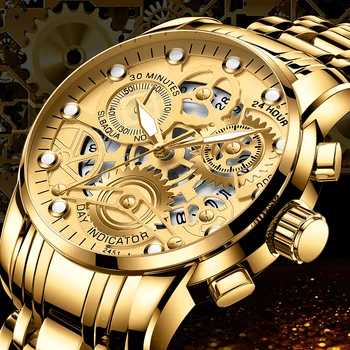Men's Business Watch Skeleton Design Fashion Mechanical Style Stainless Steel Quartz Movement Calendar Waterproof Men WristWatch
