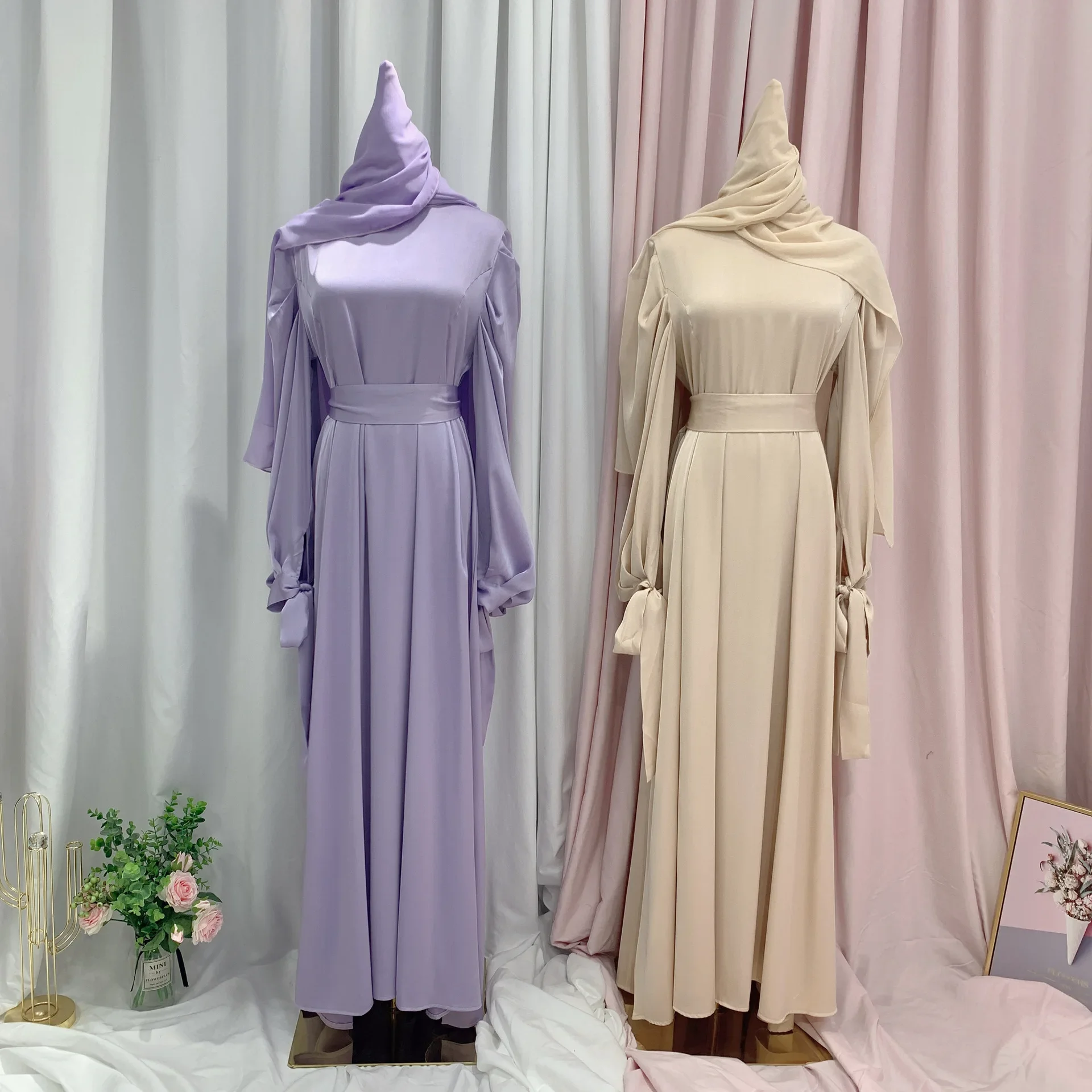 Muslim Women Islamic Satin Dress Hijab Arabic Pleated Abaya Dubai Elegant Balloon Sleeve with Ribbon Eid Mubarak Turkish Dresses