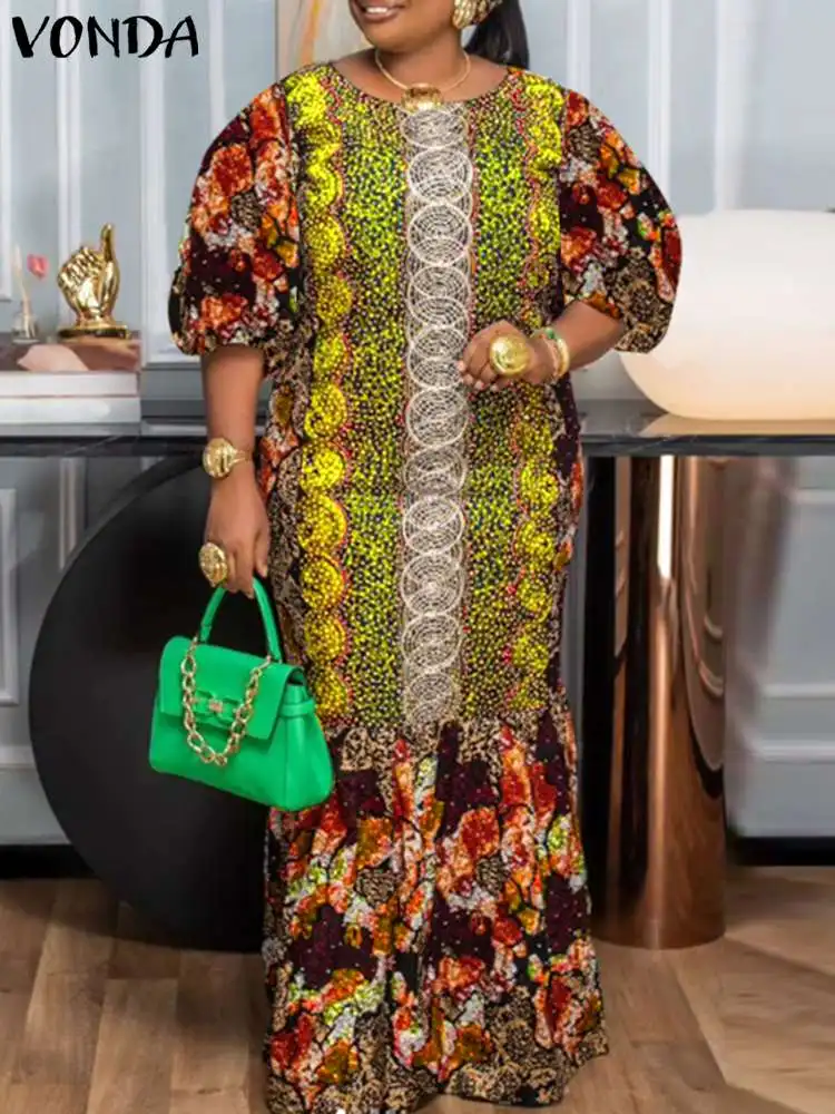 

Женский летний сарафан размера плюс VONDA 2024, винтажное платье макси с принтом, богемное повседневное свободное платье оверсайз с полурукавами-фонариками