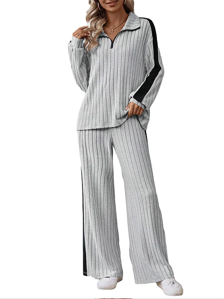 Knitted Zip-Up Jacket and Wide-Leg Pants Set