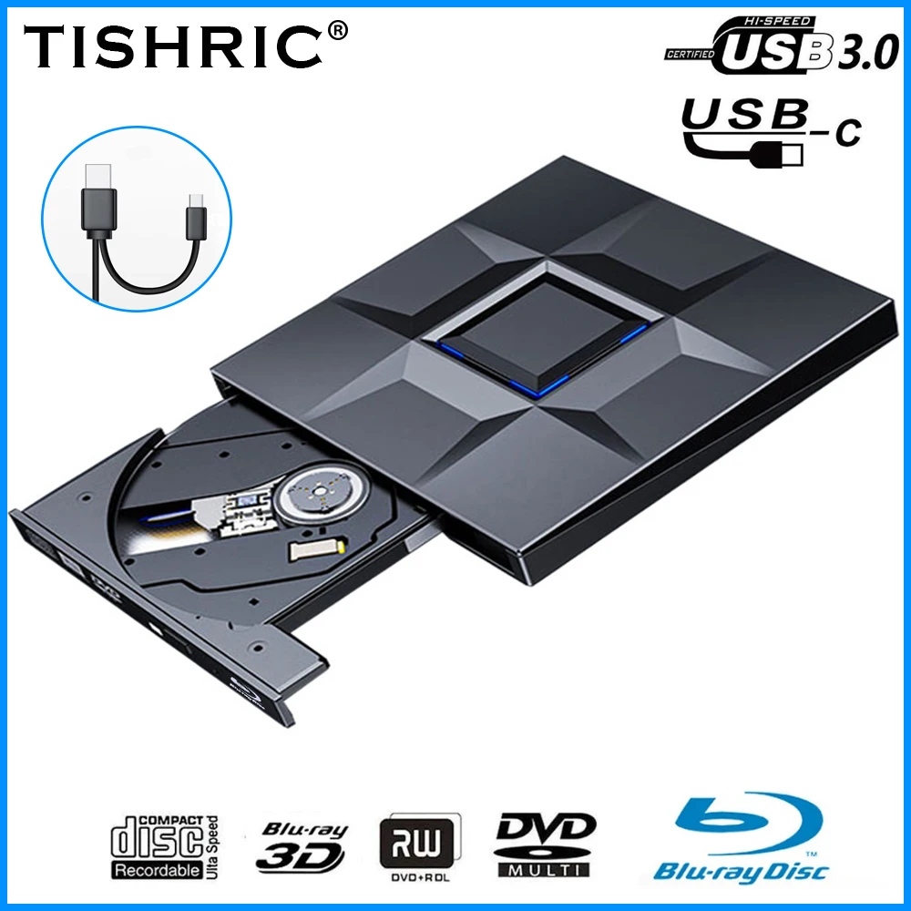 TISHRIC Blu Ray Type C/USB3.0 External CD And DVD Player Burner DVD/CD-RW External DVD Drive CD Writer Reader For Laptop Desktop