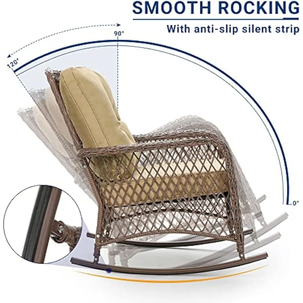 Outdoor Furniture 3 Piece Rocking Chairs Bistro Set, Wicker Patio Chairs with 4‘’ Thick Cushions, Comfortable High Backyard 4