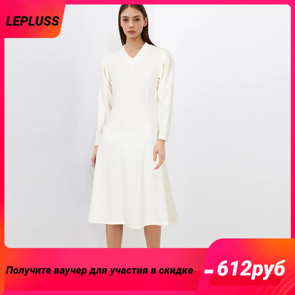 

LEPLUSS Spring and autumn fashion simple versatile dress, white V-neck women's long-sleeved commuting premium