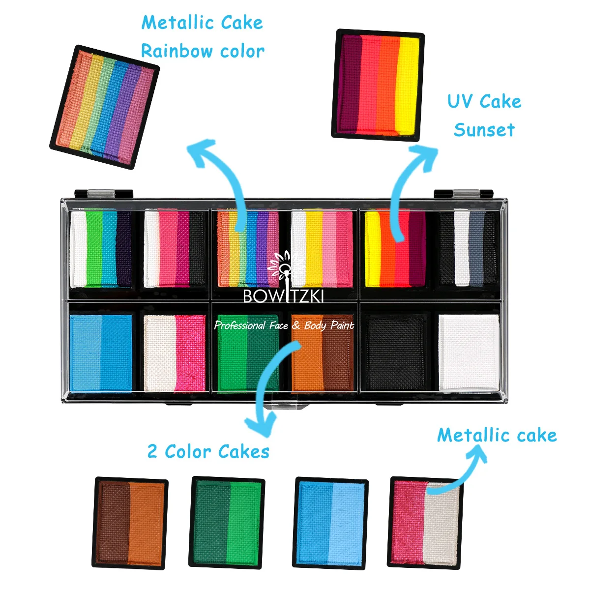 Bowitzki Carnival Professional Face Painting Kit for Kids Adults 12x10gm Body Stencil One Stroke Split Cake Rainbow Halloween 5