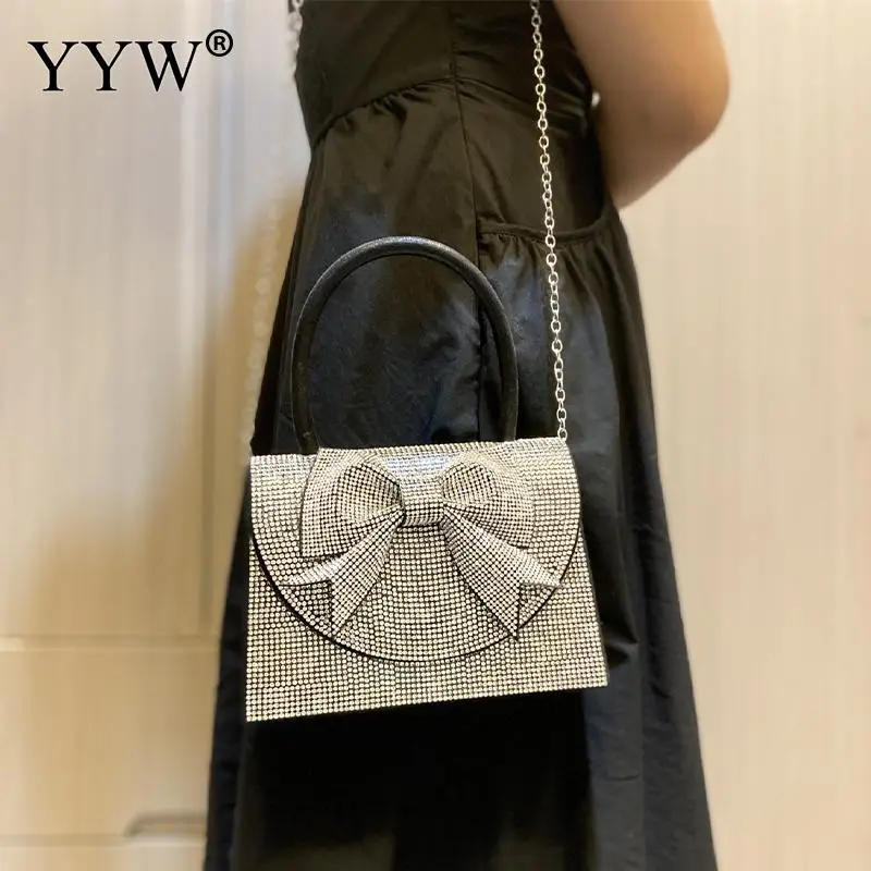 Square PU Leather Women Top Handle Bag Shiny Rhinestone Bowknot Clutch Handbag Metal Chain Crossbody Shoulder Messenger Purse