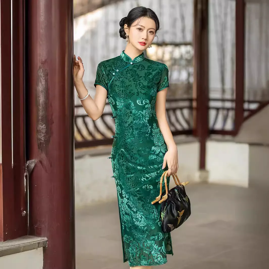 

Yourqipao Chinese Style Cheongsam for Women 2024 New Spring and Summer Daily Improved Velvet Qipao Evening Dress