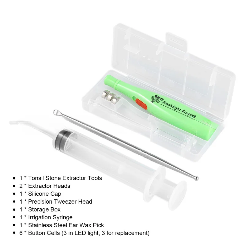 Description Picture 6 of itemTonsil Stone Remover Tool LED Light Earpick Stainless Steel Earwax Remover 3 Tips Irrigator Clean Ear Care Wax Cleaning Tools