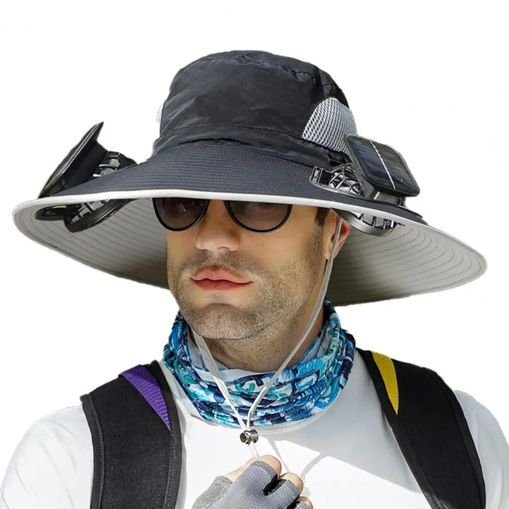 1 Set Outdoor Sun Hat 2 Fan Large Brim Windproof Strap Solar Or USB Charging Anti UV Outdoor Fishing Cap